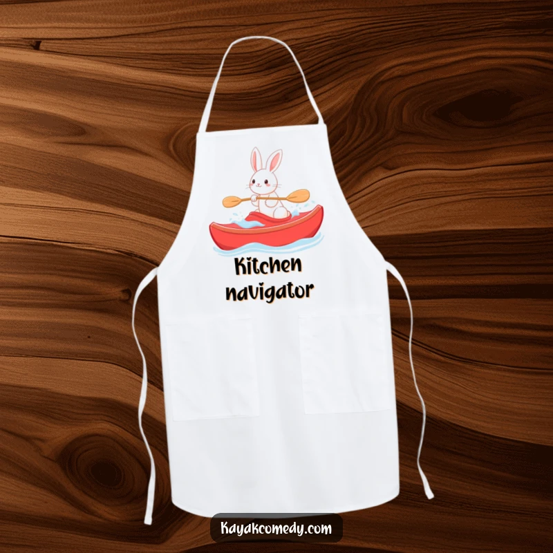 Funny Apron: A playful rabbit steers a red kayak through gentle waves, ready for kitchen fun. Perfect gift.