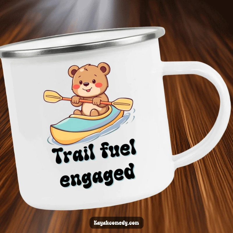 Funny Camping Mug: An enthusiastic bear cub paddles a kayak, perfect for outdoor adventures and smiles. Gift.