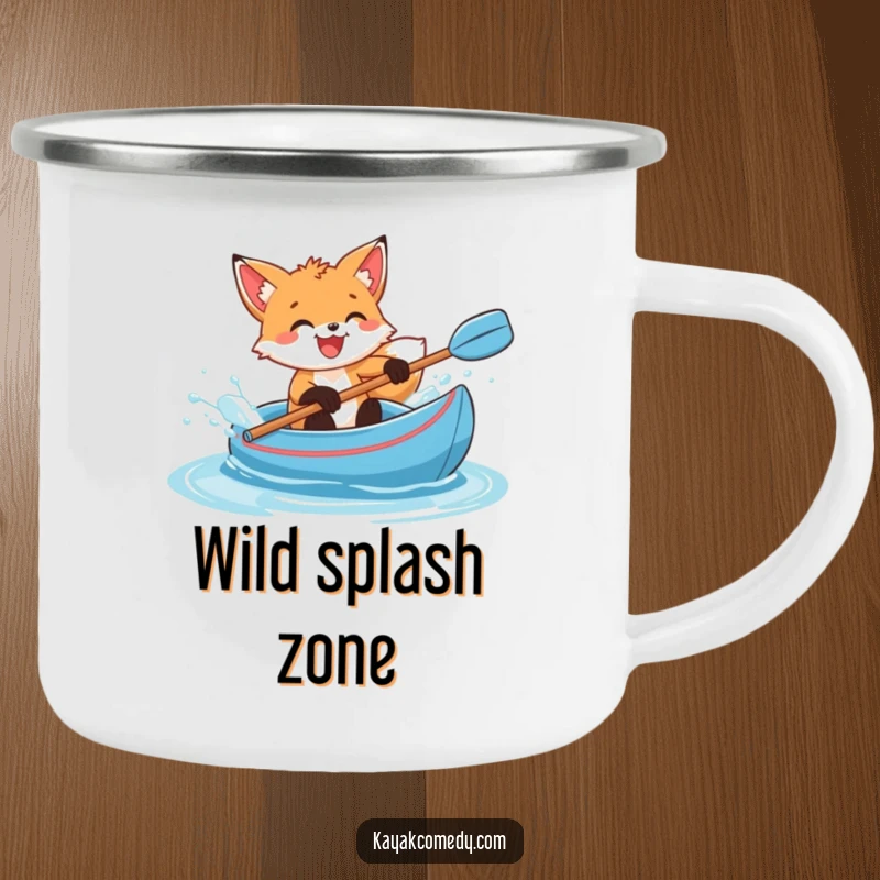Funny Camping Mug: A delighted fox cub splashes water from a blue kayak, perfect for outdoor fun. Gift.