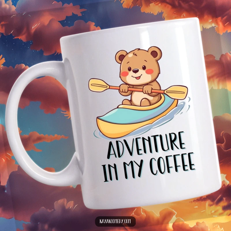 Funny Mug: A smiling bear cub enthusiastically paddles a colorful kayak through gentle water, radiating pure joy. Great gift.