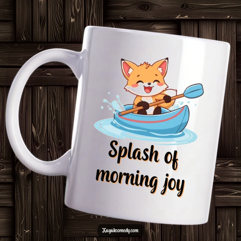Funny Mug: A delighted fox cub gleefully splashes water while in a blue kayak, embodying pure, wet joy. Great gift.