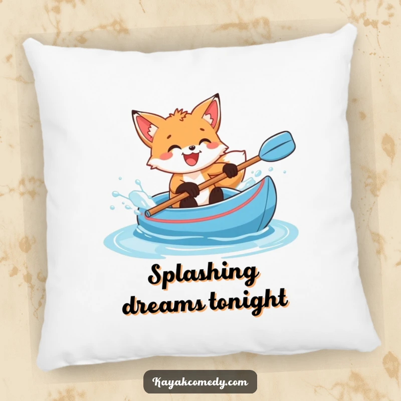 Funny Pillow: A delighted fox cub splashes water from a blue kayak, a soft cushion for comfort and smiles. Great gift.