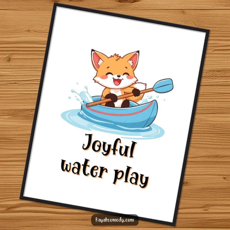 Funny Digital Art Print: A delighted fox cub gleefully splashes water from a blue kayak, radiating pure joy. Gift.