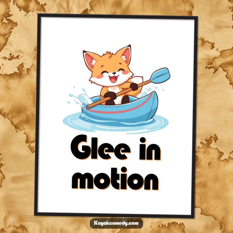 Funny Poster: A delighted fox cub gleefully splashes water while in a blue kayak, showcasing pure, wet fun. Gift.