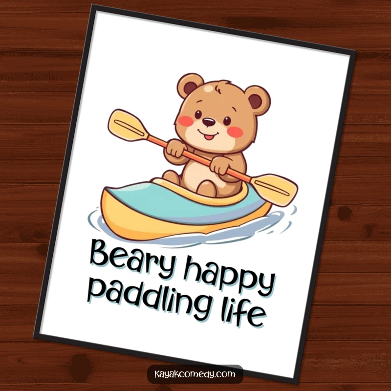 Funny Free Printable Wall Art: Smiling bear cub enthusiastically paddling a colorful kayak, a cheerful decor piece.
