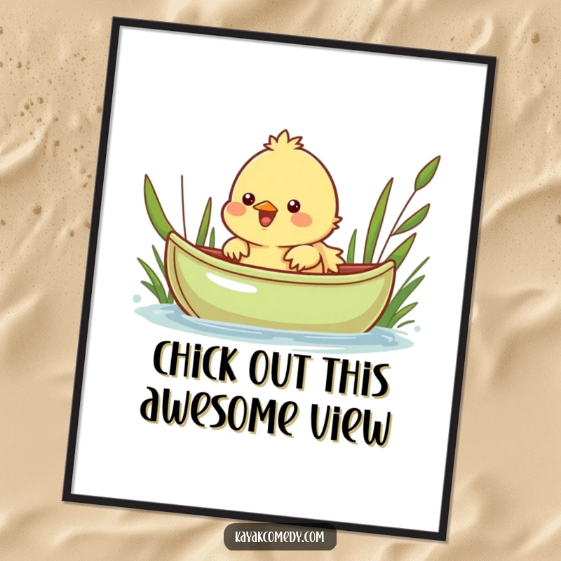 Funny Free Printable Wall Art: Cheerful chick peeking over a small green kayak, a cute and funny decor piece.