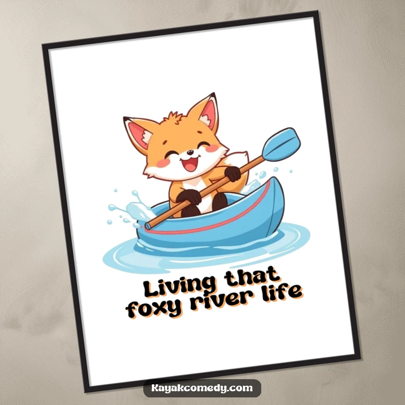 Funny Free Printable Wall Art: Delighted fox cub splashing water with glee in a blue kayak, a cheerful decor piece.