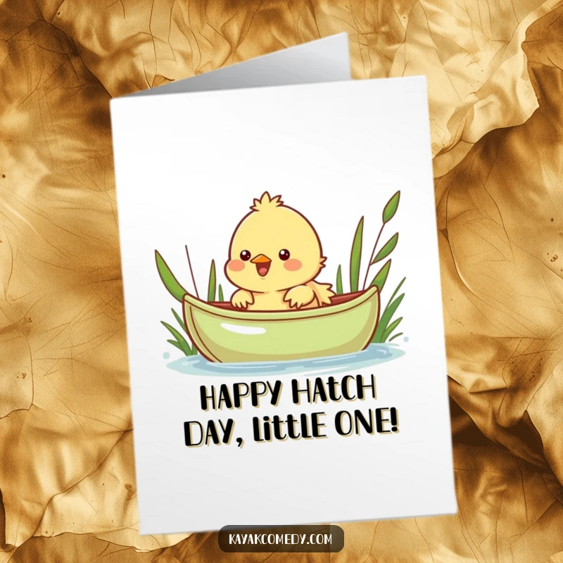 Funny Free Printable Birthday Card: Cheerful chick peeking over a small green kayak, wishing happy birthday.