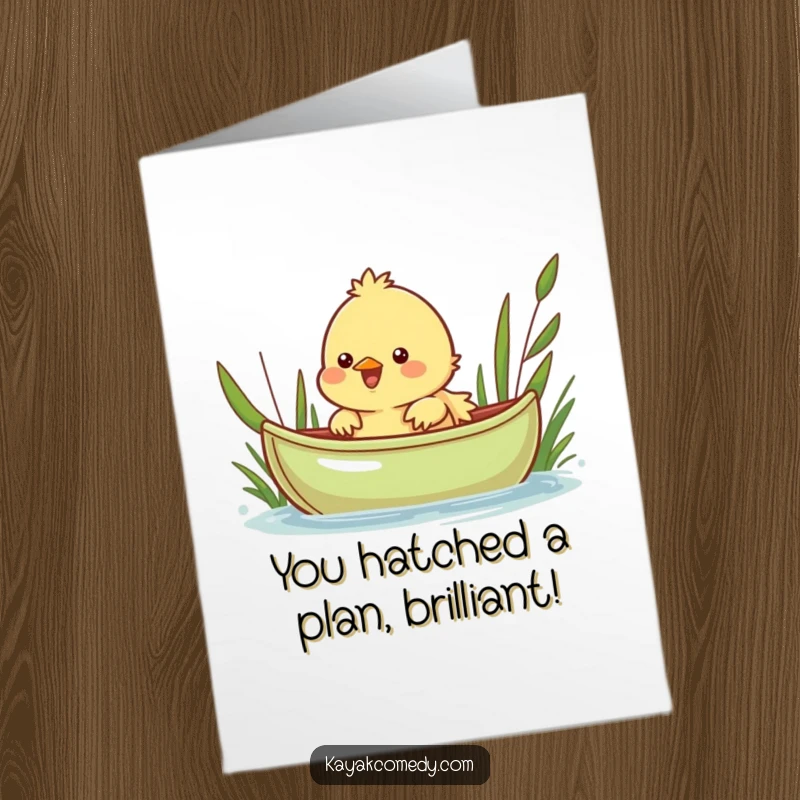 Funny Free Printable Congratulations Card: Cheerful chick peeking over a small green kayak, celebrating success.