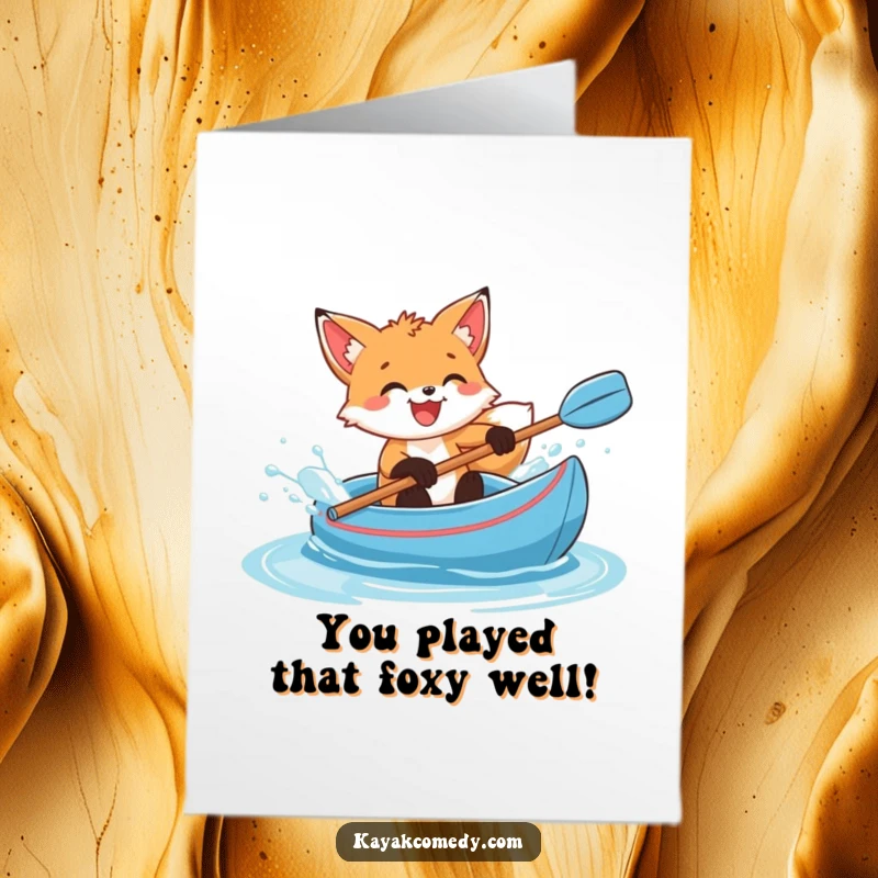 Funny Free Printable Congratulations Card: Delighted fox cub splashing water with glee in a blue kayak, celebrating success.