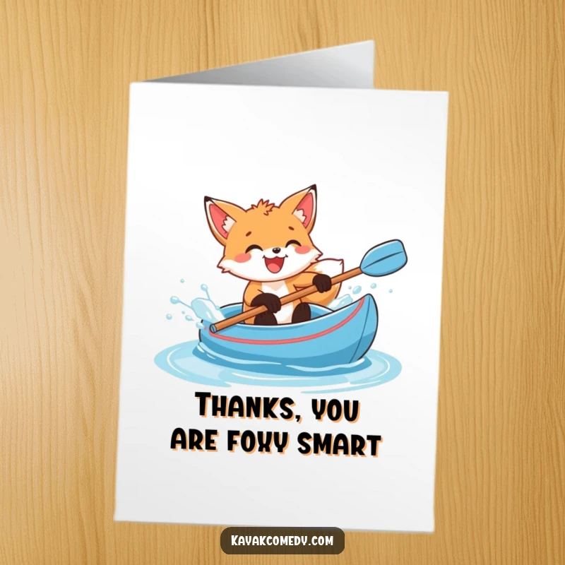 Funny Free Printable Thank You Card: Delighted fox cub splashing water with glee in a blue kayak, expressing thanks.