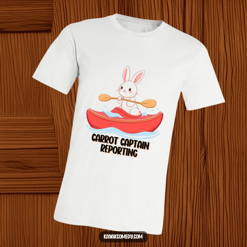 Funny T-Shirt: A happy rabbit steers a red kayak with ease through calm waters, embodying playful adventure. Perfect gift.