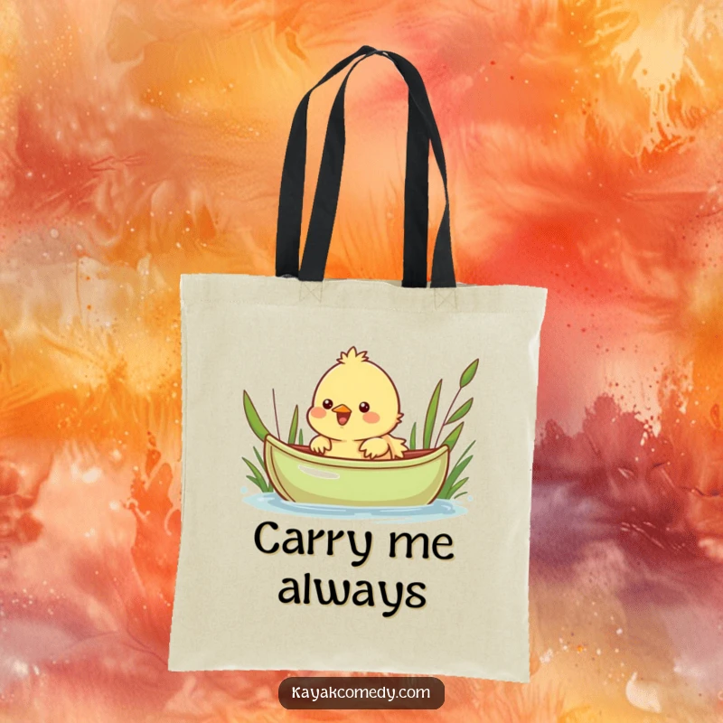 Funny Tote Bag: A cheerful chick peeks over a green kayak, a charming image of innocent fun. Perfect gift.